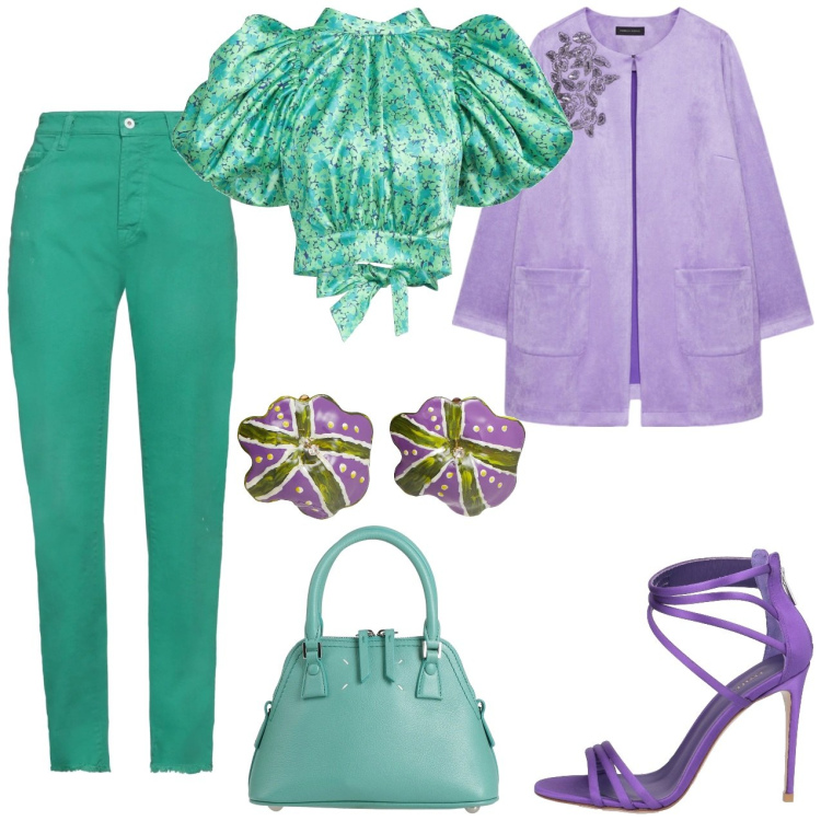 Outfit donna - Lilla e verde. Stile Bon Ton per Tutti i giorni. Abbinamento con top, sandali in pelle, orecchini, borse a mano, pantaloni, trench.