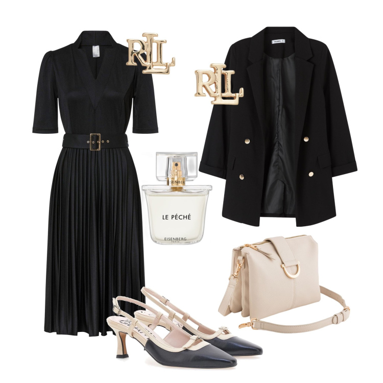 Outfit donna - Una cena di mezza stagione. Stile Chic per Serata fuori. Abbinamento con vestiti midi/longuette, profumi, blazer, orecchini, décolleté, borse a tracolla.