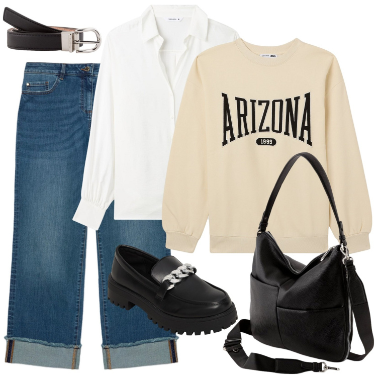 Outfit donna - Total look #2077023. per Tutti i giorni. Abbinamento con mocassini, felpe, camicie, jeans dritti, borse a tracolla, cinture.