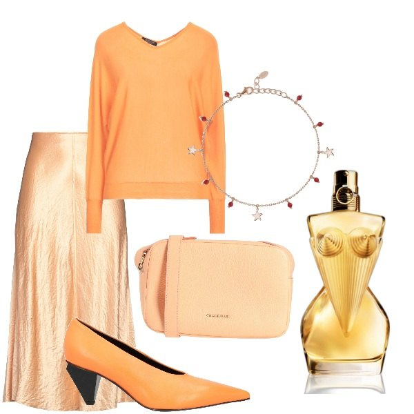 Outfit donna - Serata fuori. Stile Casual chic per Serata fuori. Abbinamento con pullovers, borse a tracolla, décolleté, gonne longuette, profumi, braccialetti con ciondoli.