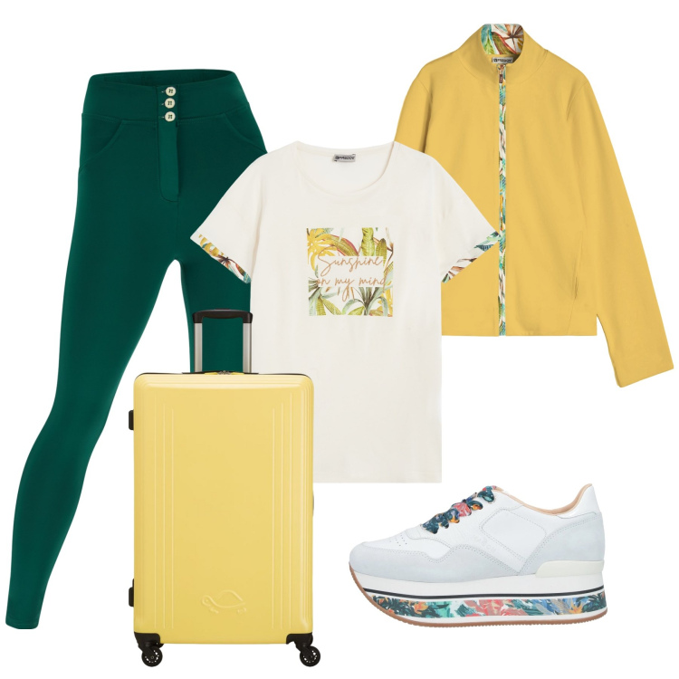 Outfit donna - Si viaggia. Stile Urban per Tutti i giorni. Abbinamento con sneakers, pantaloni skinny, felpe, t-shirt, valigie.