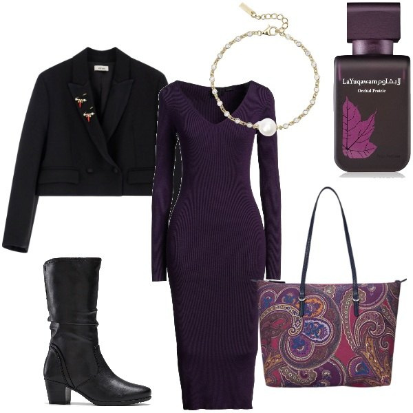 Outfit donna - Serata fuori. Stile Trendy per Serata fuori. Abbinamento con stivali, vestiti midi/longuette, profumi, braccialetti, blazer, borse tote.