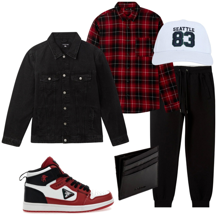 Outfit uomo - Total look #2077038. Stile Urban per Tutti i giorni. Abbinamento con giacche, cappelli, pantaloni, camicie, sneakers, portafogli.