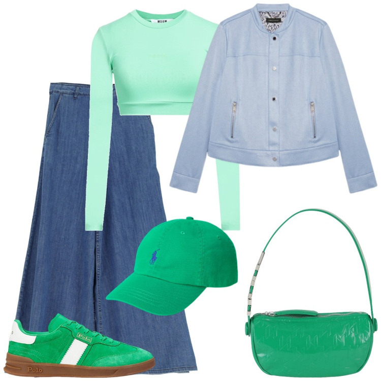 Outfit donna - Verde azzurro. Stile Casual per Tutti i giorni. Abbinamento con borse a mano, t-shirt, jeans, cappelli, sneakers, blazer.
