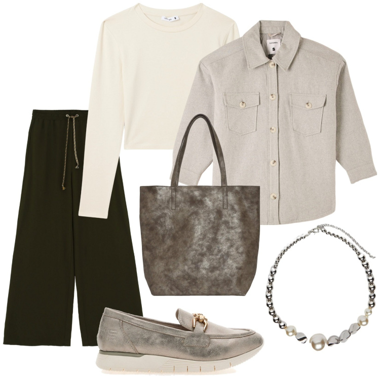 Outfit donna - Total look #2077043. Stile Casual per Tutti i giorni. Abbinamento con cappotti, t-shirt, borse tote, pantaloni a palazzo, mocassini, collane.