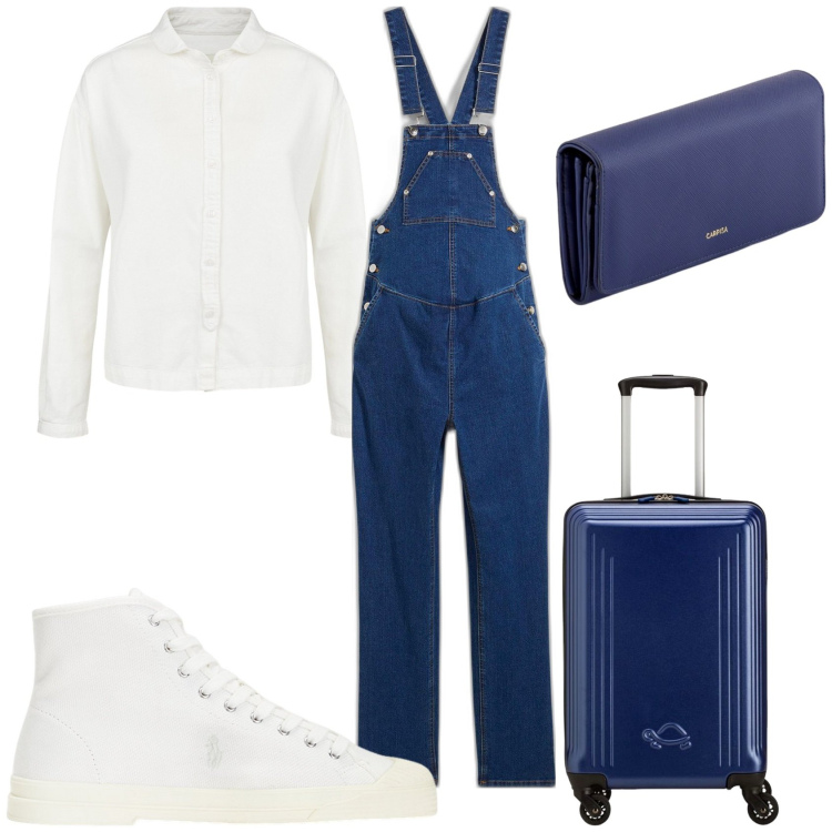 Outfit donna - Pronta per la nascita. Stile Casual per Tutti i giorni. look ideale per Premaman. Abbinamento con salopette, sneakers alte, camicie, valigie, portafogli.