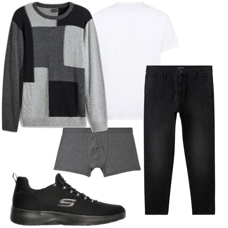 Outfit uomo - Total look #2077050. Stile Casual per Tutti i giorni. Abbinamento con maglieria, jeans, boxer, sneakers, t-shirt.