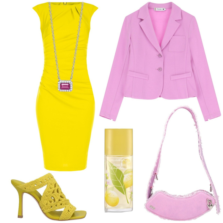 Outfit donna - Tutti frutti. Stile Casual chic per Tutti i giorni. Abbinamento con sandali in pelle, borse a spalla, profumi, collane, blazer, vestiti a tubino.