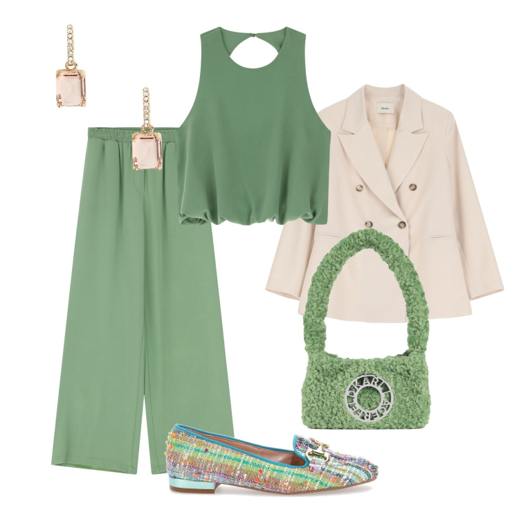 Outfit donna - Verde con i mocassini multicolor. Stile Glamour per Ufficio. Abbinamento con borse a spalla, pantaloni a palazzo, top, blazer, orecchini, mocassini.