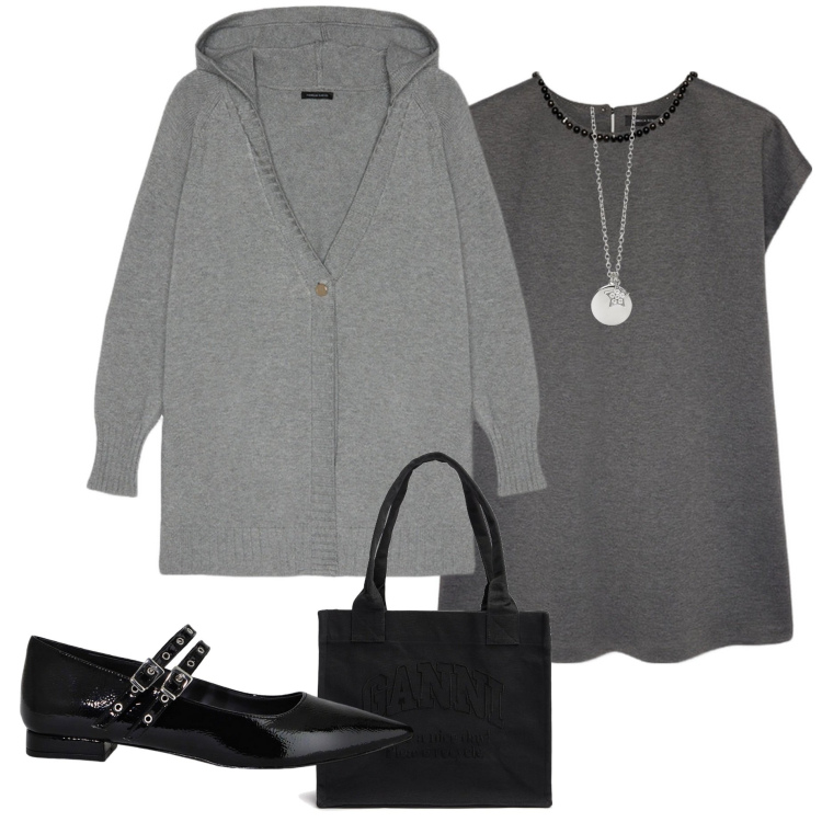 Outfit donna - In ufficio. Stile Casual chic per Ufficio. Abbinamento con ciondoli, ballerine, vestiti, cardigans, shopping bag.