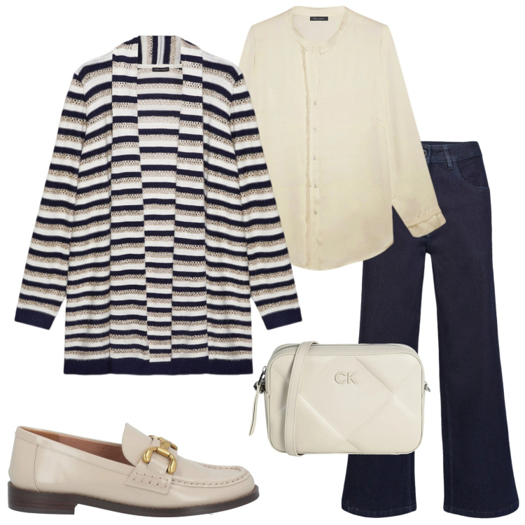 Outfit donna - Cardigan rigato. Stile Casual chic per Tutti i giorni. Abbinamento con borse a tracolla, mocassini, cardigans, camicie, pantaloni.