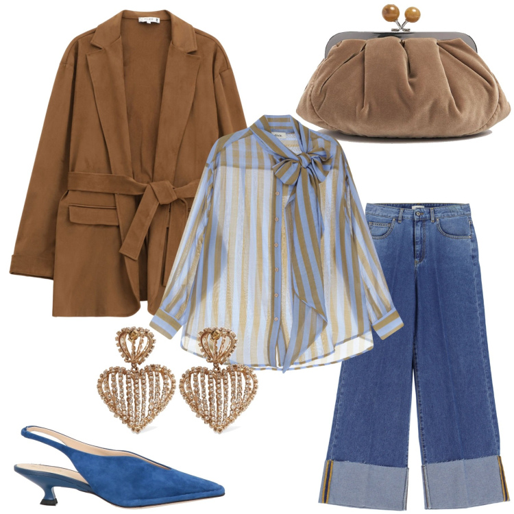 Outfit donna - Cappuccino e Pasticcino. Stile Casual chic per Tutti i giorni. Abbinamento con décolleté, blazer, jeans, camicie, pochette, orecchini.