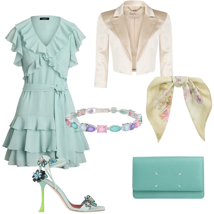 Outfit donna - Una serata di primavera. Stile Romantica per Serata fuori. Abbinamento con sandali in pelle, borse a mano, braccialetti, bolero, vestiti, foulard.