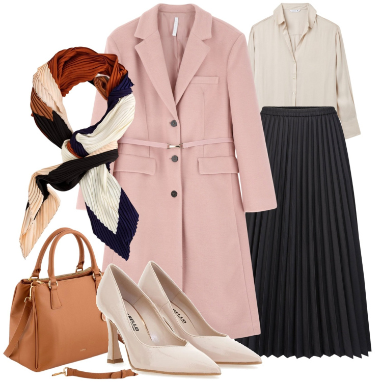 Outfit donna - Il foulard must-have di primavera. Stile Bon Ton per Ufficio. Abbinamento con camicie, cappotti, décolleté, gonne longuette, borse a mano, foulard.