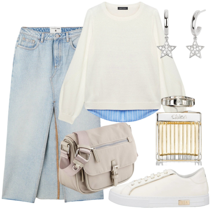 Outfit donna - Total look #2077078. per Tutti i giorni. Abbinamento con sneakers, profumi, orecchini, gonne lunghe, maglieria, borse a tracolla.