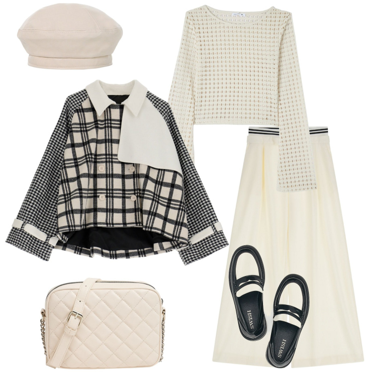 Outfit donna - Avorio e nero. Stile Trendy per Tutti i giorni. Abbinamento con maglieria, borse a tracolla, pantaloni a palazzo, blazer, cappelli e berretti, mocassini.