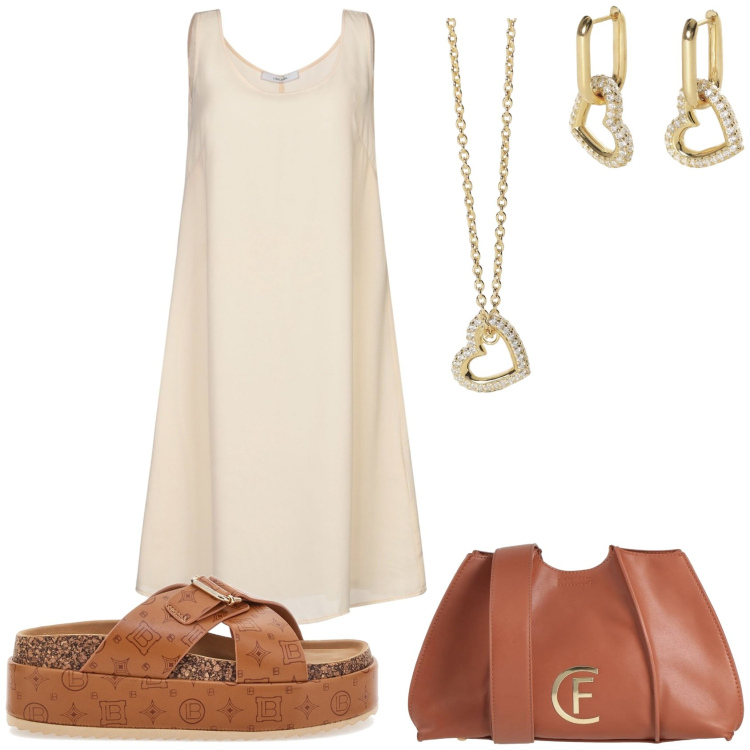 Outfit donna - A pranzo fuori e poi compere. Stile Glamour per Tutti i giorni. Abbinamento con vestiti corti, borse a tracolla, orecchini, collane, ciabatte.