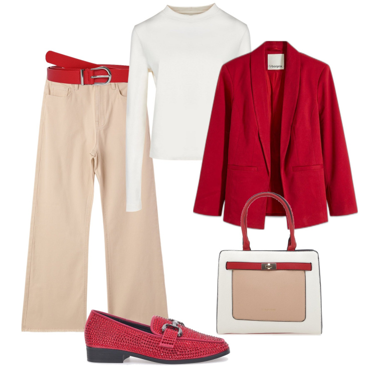 Outfit donna - Mocassini strass e rosso H24. Stile Casual chic per Tutti i giorni. Abbinamento con blazer, pantaloni, cinture, mocassini, borse a spalla, t-shirt.