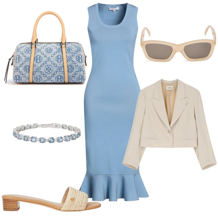 Outfit donna - Cielo d\'estate. Stile Casual chic per Tutti i giorni. look ideale per Petite. Abbinamento con vestiti midi/longuette, braccialetti, blazer, sandali in pelle, occhiali da sole, borse a mano.