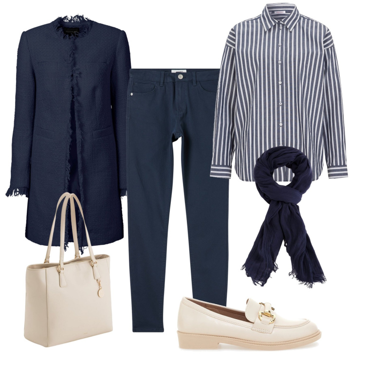Outfit donna - Spolverino bouclé a primavera. Stile Sporty chic per Tutti i giorni. Abbinamento con blazer, camicie, pantaloni skinny, mocassini, shopping bag, portafogli.