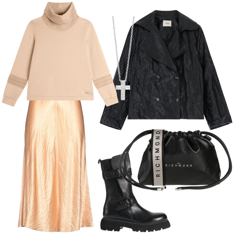 Outfit donna - Stile metropolitano. Stile Sporty chic per Tutti i giorni. Abbinamento con stivaletti, borse a tracolla, gonne longuette, collane, felpe, blazer.