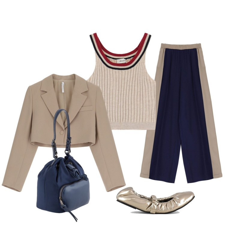 Outfit donna - La borsetta dalla forma originale. Stile Sporty chic per Tutti i giorni. Abbinamento con blazer, pantaloni, top, ballerine, borse a secchiello.