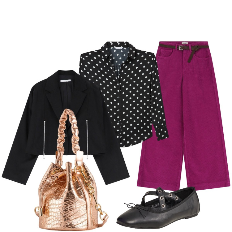 Outfit donna - La borsa secchiello dorata. Stile Glamour per Tutti i giorni. Abbinamento con ballerine, camicie, blazer, pantaloni, borse a secchiello.