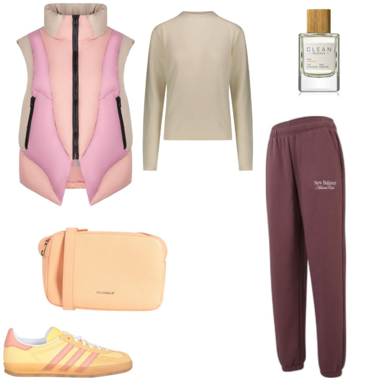 Outfit donna - Passeggiata pomeridiana. Stile Casual per Tutti i giorni. Abbinamento con sneakers, borse a tracolla, profumi, pantaloni, piumini, pullovers.