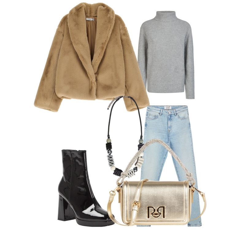 Outfit donna - Total look #2077132. Stile Casual per Tutti i giorni. Abbinamento con jeans skinny, stivaletti, borse a mano, ecopellicce, maglieria, collane.