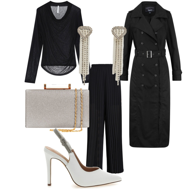 Outfit donna - Total look #2077133. Stile Casual chic Abbinamento con trench, orecchini, pantaloni a palazzo, clutch, pullovers, décolleté.