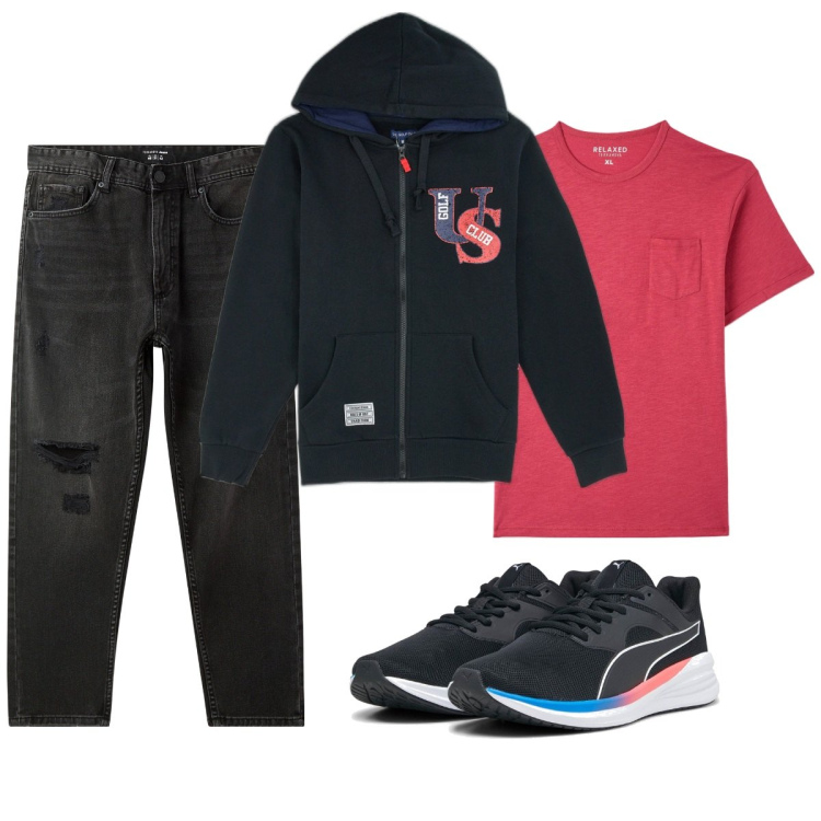 Outfit uomo - Le sneakers Puma. Stile Casual per Tutti i giorni. Abbinamento con t-shirt, jeans strappati, sneakers, felpe con cappuccio.