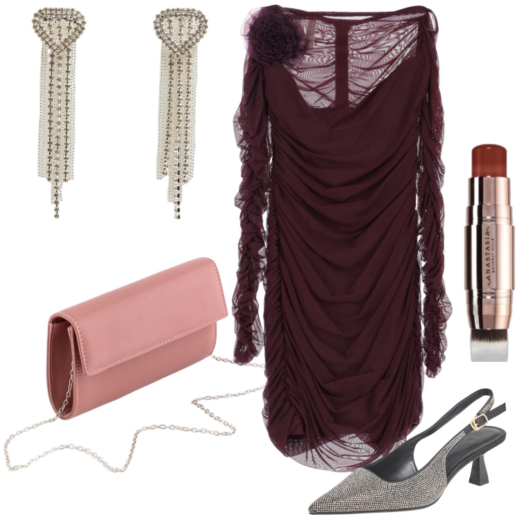 Outfit donna - Pink little bag. Stile Glamour per Serata fuori. Abbinamento con blush, orecchini, décolleté, vestiti corti, pochette.