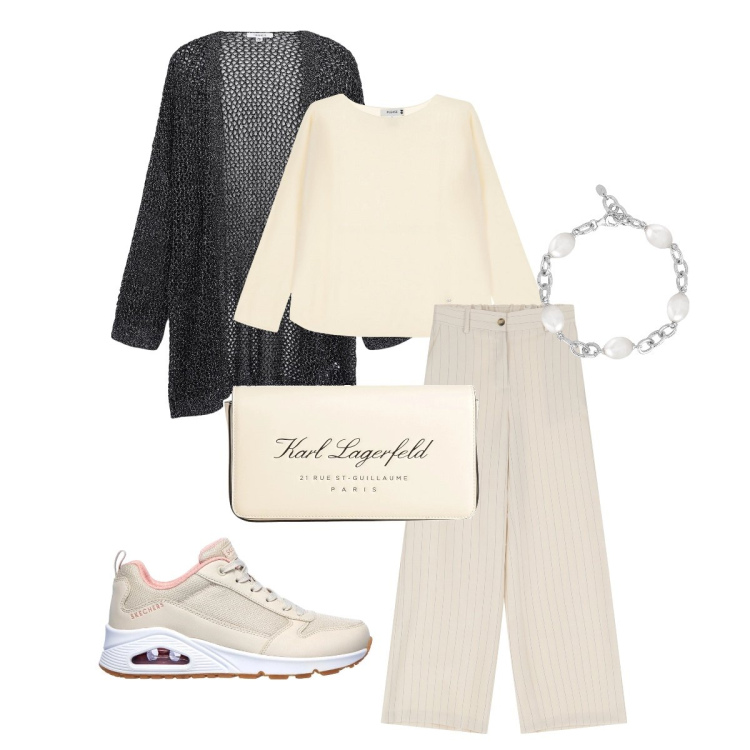 Outfit donna - Tempo libero. per Tutti i giorni. Abbinamento con borse a mano, kimono, braccialetti, pullovers, pantaloni a palazzo, sneakers.