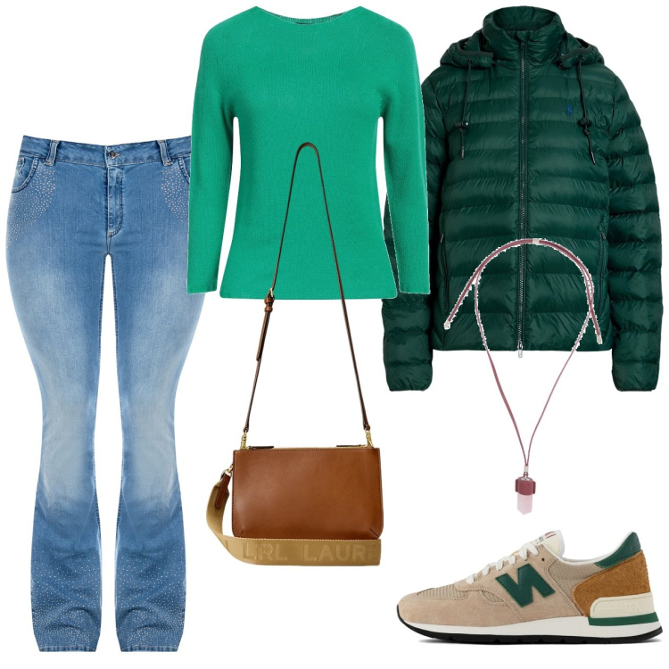 Outfit donna - A scuola. Stile Casual per Scuola/Università. Abbinamento con pullovers, collane, sneakers, jeans a zampa, giacche, borse a tracolla.