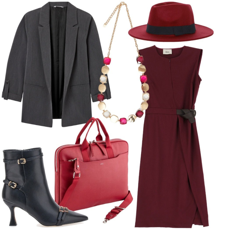 Outfit donna - Pranzo di lavoro. Stile Urban per Ufficio. Abbinamento con blazer, cappelli, vestiti midi/longuette, stivaletti, borse a mano, collane.