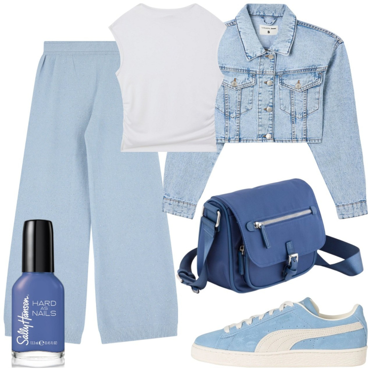 Outfit donna - Nel blu dipinto di blu. Stile Casual per Tutti i giorni. Abbinamento con sneakers, smalti, t-shirt, blazer, pantaloni, borse a tracolla.