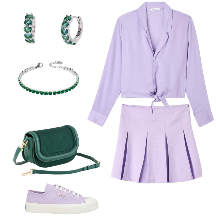 Outfit donna - Total look #2077210. Stile Casual chic per Tutti i giorni. Abbinamento con sneakers, camicie, gonne, orecchini, braccialetti, borse a tracolla.