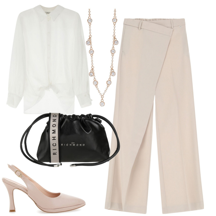 Outfit donna - Pantaloni a vita alta in città. Stile Urban per Tutti i giorni. Abbinamento con borse a tracolla, collane, pantaloni, camicie, décolleté.