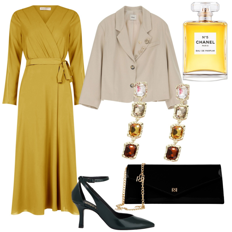 Outfit donna - Eleganza senza tempo. Stile Bon Ton per Cerimonia. Abbinamento con profumi, vestiti chemisier, pochette, blazer, décolleté, orecchini.