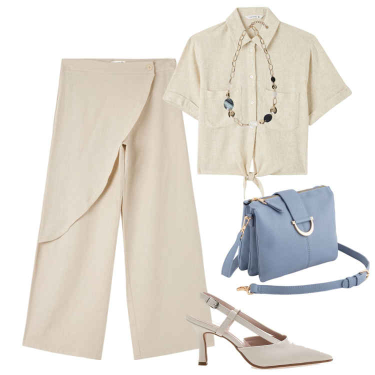 Outfit donna - Pantaloni con pannello. Stile Urban per Tutti i giorni. Abbinamento con camicie a manica corta, pantaloni, décolleté, collane, borse a tracolla.