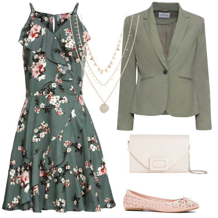 Outfit donna - Fiori di primavera. Stile Romantica per Scuola/Università. Abbinamento con vestiti, blazer, ballerine, collane, pochette.