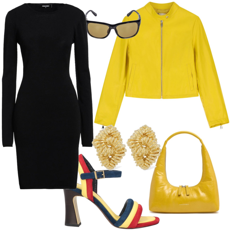 Outfit donna - Vivacizzare un tubino nero. Stile Chic per Tutti i giorni. Abbinamento con sandali in pelle, vestiti corti, giacche, occhiali da sole, orecchini, borse a spalla.