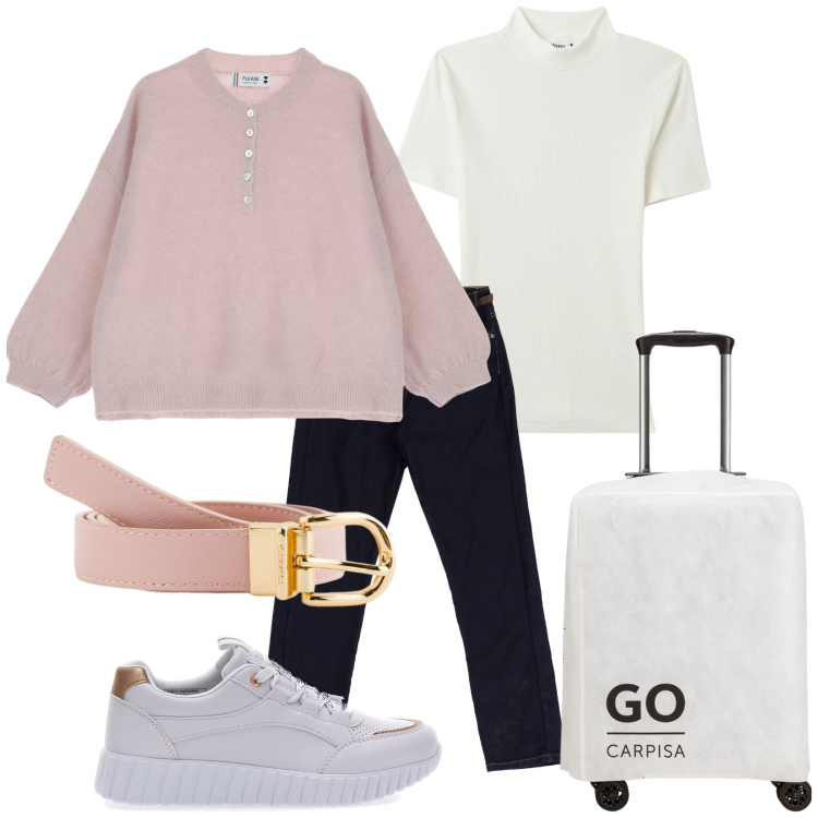 Outfit donna - Go!!!. Stile Casual per Tutti i giorni. Abbinamento con t-shirt, maglieria, jeans, sneakers, shopping bag, cinture.