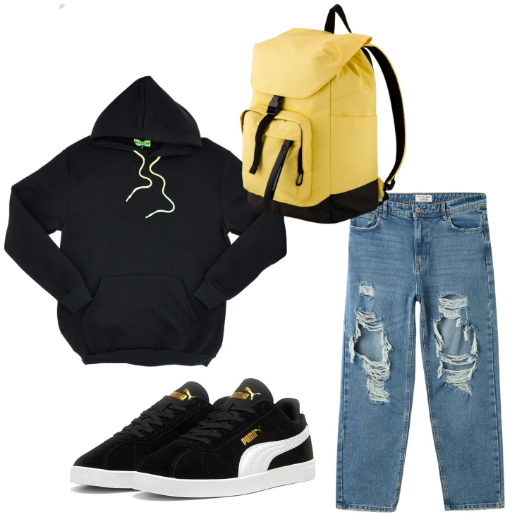 Outfit uomo - Total look #2077309. Stile Urban per Tutti i giorni. Abbinamento con jeans strappati, sneakers, felpe con cappuccio, borse sportive.