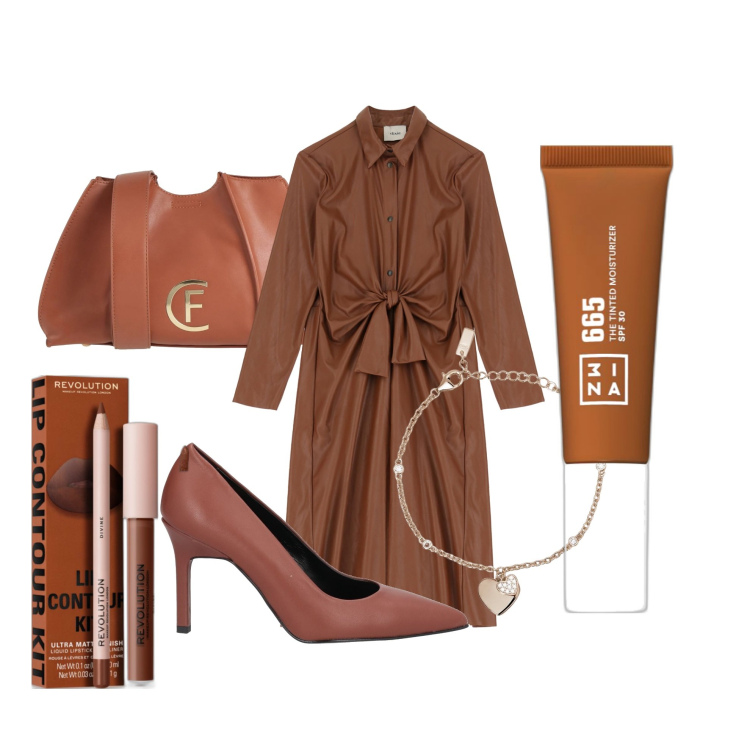 Outfit donna - Copper 06. Stile Chic per Serata fuori. look ideale per Premaman. Abbinamento con décolleté, borse a tracolla, rossetti, fondotinta, braccialetti con ciondoli, vestiti.