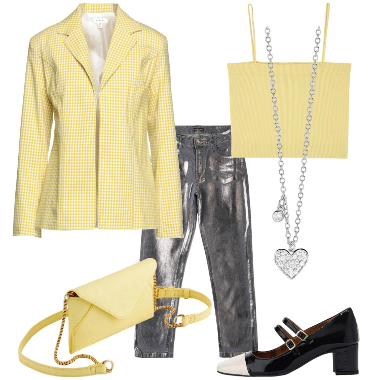 Outfit donna - Stasera primavera. Stile Glamour per Serata fuori. Abbinamento con blazer, top, jeans, collane, décolleté, pochette.