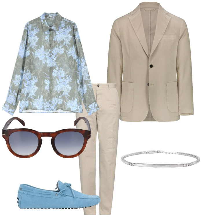 Outfit uomo - Ad una cerimonia. Stile Trendy per Cerimonia. Abbinamento con pantaloni, scarpe stringate, braccialetti, camicie, giacche, occhiali da sole.