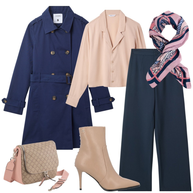 Outfit donna - Total look #2077378. Stile Casual chic per Ufficio. Abbinamento con stivaletti, camicie, pantaloni, trench, foulard, borse a tracolla.