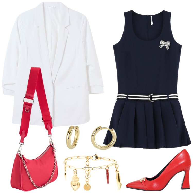 Outfit donna - Total look #2077393. Stile Bon Ton per Tutti i giorni. Abbinamento con blazer, orecchini, vestiti corti, décolleté, braccialetti, borse a tracolla.