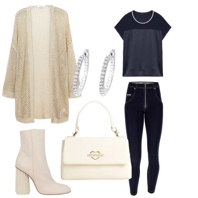 Outfit donna - Total look #2077400. Stile Casual Abbinamento con stivaletti, borse a mano, kimono, orecchini, jeans skinny, top.